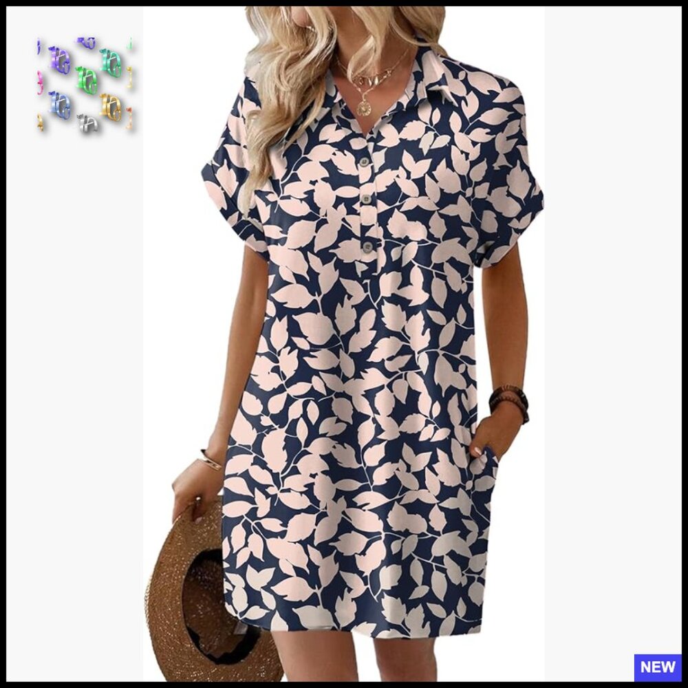 Floral Shift Dress Short Sleeve Loose Flowy Casual Beach Sundress With Pockets